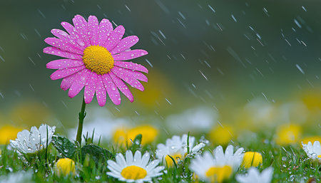Single pink daisy flower in bloom during spring rain, vibrant green grass, shallow depth of field.の素材