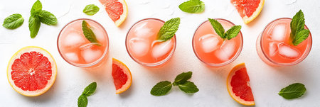 Grapefruit Cocktails with Mint Flat Lay of Refreshing Summer Drinks on White Marble, Top Viewの素材
