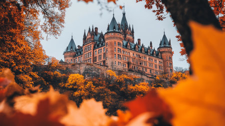 Majestic medieval castle on hilltop in fall, surrounded by colorful foliage in autumn landscapeの素材