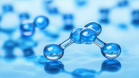 Glowing Blue Molecular Structure with Luminous Nodes and Connected Pathways on Reflective Surfaceの素材