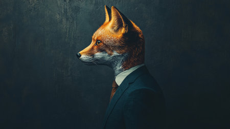 Fox in a Suit Anthropomorphic Portrait on Dark Background Blending Animal and Human Worldsの素材