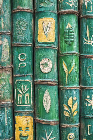 Green Bamboo Texture with Carved Patterns, a Seamless Background for Asian Aesthetics and Design.の素材
