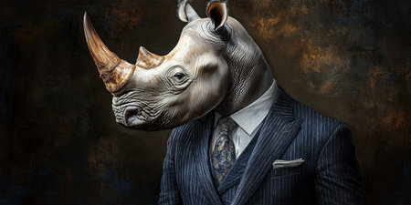 Serious Rhinoceros in a Suit Anthropomorphic Portrait Against a Textured Dark Backgroundの素材