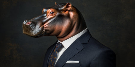 Portrait of a Hippopotamus in a Business Suit on a Dark Background, Animal Human Hybrid Conceptの素材