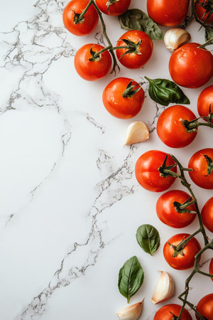 Freshly Harvested Cherry Tomatoes, Garlic, and Basil Leaves On Marble, Creating Food Borderの素材
