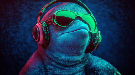 Neon Party DJ Dolphin Cool Aquatic Mammal with Headphones and Sunglasses Ready to Spin Tunesの素材