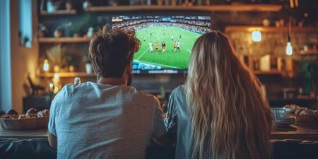 Couple Watching Live Sports at Home, Cozy Atmosphere, Snack Bowls, Relationship Goals Shared Momentsの素材
