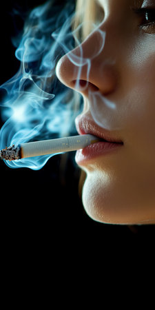 Close-up of a Young Woman Smoking a Cigarette, Smoke, Addiction, Unhealthy Lifestyle.の素材
