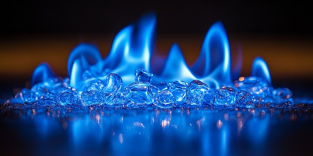 Cool Blue Flames Dance Atop Ice Cubes on a Reflective Surface An Abstract Display of Fire and Coldの素材