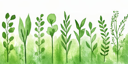 Watercolor Green Foliage, Leaves, And Grasses Border On White Background With Soft Watercolor Wash.の素材