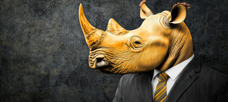 Anthropomorphic Rhinoceros in Business Attire A Striking Portrait Against a Dark Backdropの素材