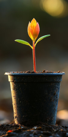 New Life Emerging A Single Sprout with Yellow Tipped Leaves Thrives in Rich Potting Soilの素材