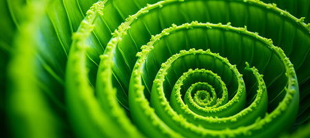 Close-up View of a Bright Green Young Fern Frond, Showcasing the Spiral Pattern Found in Natureの素材