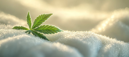 Single Green Cannabis Leaf Rests on Sparkling Snow, Winter Cannabis Cultivation and Resilienceの素材