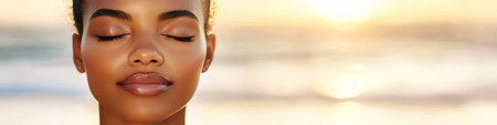 Golden Hour Tranquility Portrait of a Young Black Woman Finding Peace in the Sunset s Glowの素材