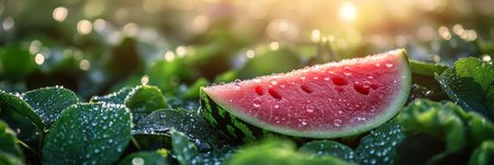 Fresh watermelon slice with water drops. Ripe watermelon lie on green leaves in gardenの素材