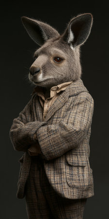 Anthropomorphic Kangaroo Dressed in a Tweed Suit Stands with Arms Crossed on a Dark Backgroundの素材