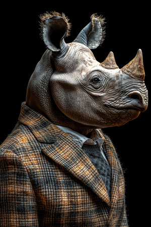 Distinguished Rhino Gentleman Anthropomorphic Wildlife Portrait on Black Background.の素材