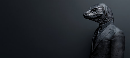 Anthropomorphic Komodo Dragon Profile, Animal Human Blend Against Black Background, Conceptual Art.の素材