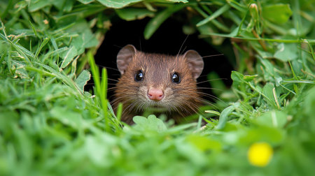 Curious Mouse Peeking Out of Hole in Green Grass, Wildlife Encounter in Natural Habitatの素材