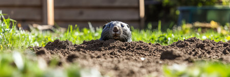 Curious gopher peeks out of garden soil heap, surrounded by dirt and short green stalksの素材