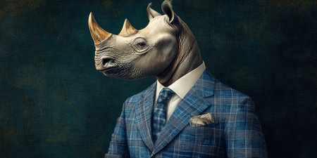 Anthropomorphic Rhinoceros in Suit, Profile on Dark Background, Wildlife Art, Concept Imageの素材