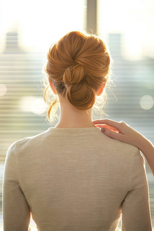 Woman in Office, Serene Contemplation by Window, Support and Connection with Colleague.の素材