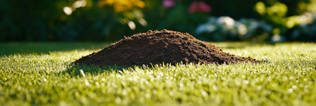 A Fresh Molehill Cast On Lush Green Grass Under Sunlight, Pest Control And Gardening Conceptの素材