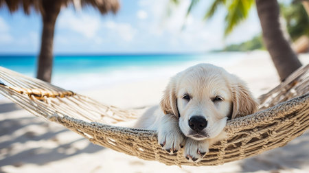Adorable Golden Retriever Puppy Relaxes in Hammock on Tropical Beach, Paradise Vacationの素材