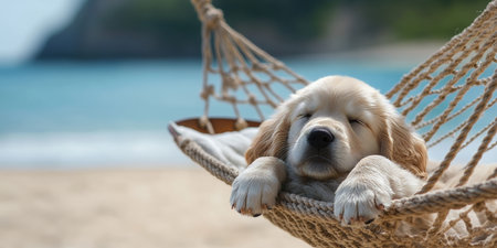 Golden Retriever Puppy Enjoys Peaceful Nap in a Hammock on Tropical Beach, Vacation Vibeの素材