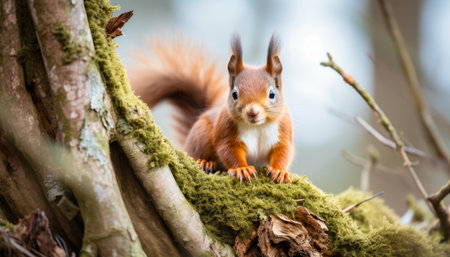 Red Squirrel Perched on Mossy Branch, Alert and Curious in its Natural Woodland Habitatの素材