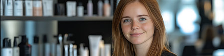 Portrait of a beautiful young woman in a hair salon, surrounded by hair care products.の素材