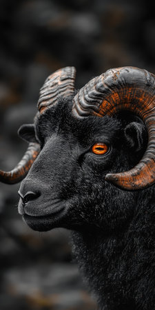 Majestic Black Ram With Striking Orange Eyes in Profile View, Dark Atmospheric Background.の素材