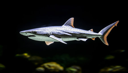 Predator of the Deep A Magnificent Shark Navigates the Inky Black Water with Elegance, Profile Viewの素材