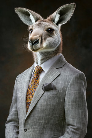 Anthropomorphic Kangaroo in Suit, Animal Human Hybrid Portrait on Dark Background, Business Conceptの素材