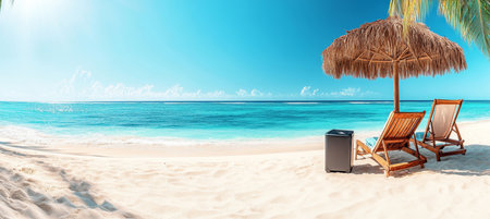 Tropical Paradise Lounging on the Beach with Ocean Views, a Thatched Umbrella, and a Cooler.の素材