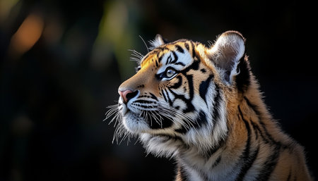 Majestic Tiger Portrait Intense, Hopeful Gaze of a Wild Cat Bathed in Golden Light, Close-upの素材