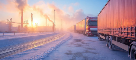 Refrigerated Trucks at Dawn, Cold Storage Facility, Transportation, Frozen Goods, Commerce, Winterの素材