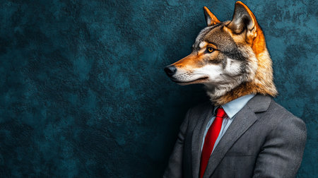 Wolf in Suit, Portrait on Dark Background, Animal Human Hybrid Concept, Anthropomorphismの素材
