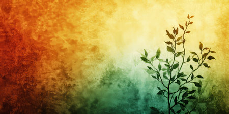 Green Leaves on Grungy Multicolored Abstract Orange And Green Background with Copy-Spaceの素材