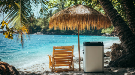 Idyllic Beach Getaway Lounge Chair, Straw Umbrella, and Cooler on Tropical Paradiseの素材