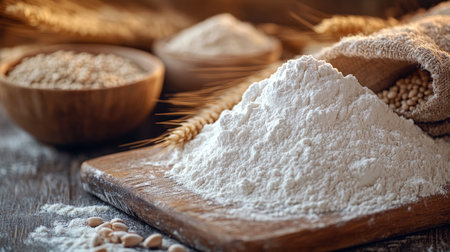 Pile Of Flour On Wooden Background, Ears Of Wheat And Grain In Bowl. Ingredients For Bakingの素材