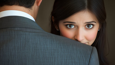 Uncomfortable Encounter Woman Recoiling From Colleague, Implying Workplace Harassmentの素材