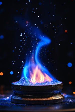 Vibrant Blue and Orange Flames from Gas Burner with Sparkles, Dark Background and Copy Spaceの素材