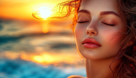 Golden Hour Beauty Close-Up Portrait of a Serene Woman at Sunset with Ocean Backgroundの素材