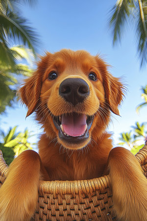 Golden Retriever Puppy Relaxing In A Woven Hammock, Tropical Beach Paradise, Happinessの素材