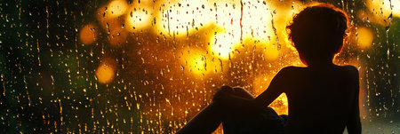 Lonely Child Silhouette In Window, Golden Hour Bokeh, Concept of Loneliness, Sadness, Nostalgiaの素材