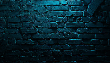 Dark Blue Illuminated Brick Wall Background, Grunge Texture With Copy Space For Text Or Designの素材