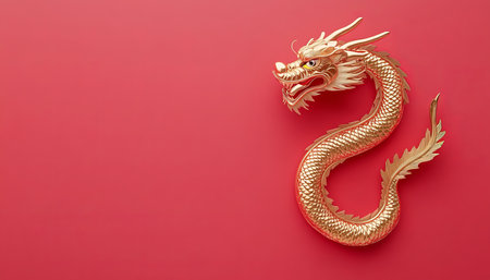 Golden Crystal Dragon Sculpture on Red Background, Lunar New Year 2024 Concept with Copy Space Areaの素材