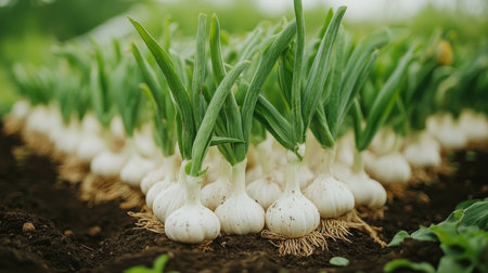 Close-up, fresh green garlic plants. Rows of young garlic grow in the garden. Organic vegetables.の素材